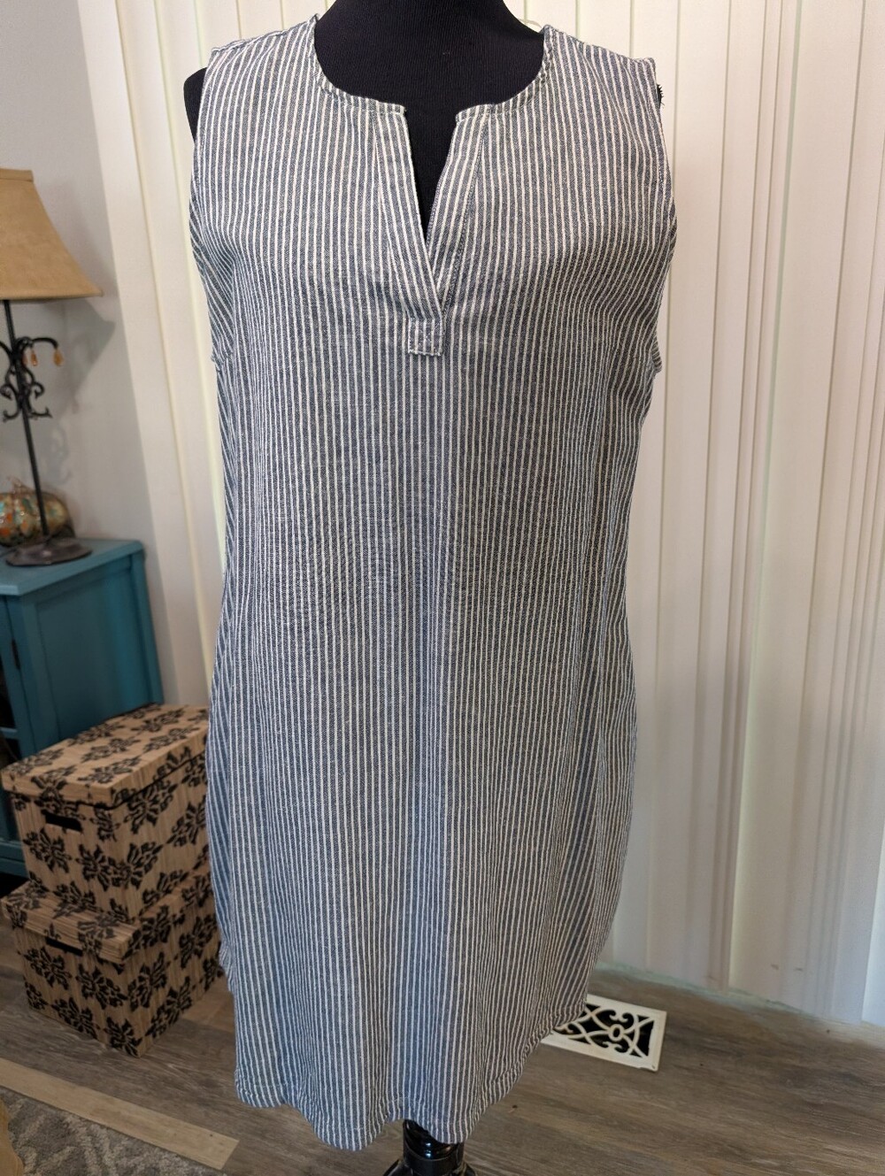Time And Tru Denim & White Colored  Striped Linen Cotton Blend Dress